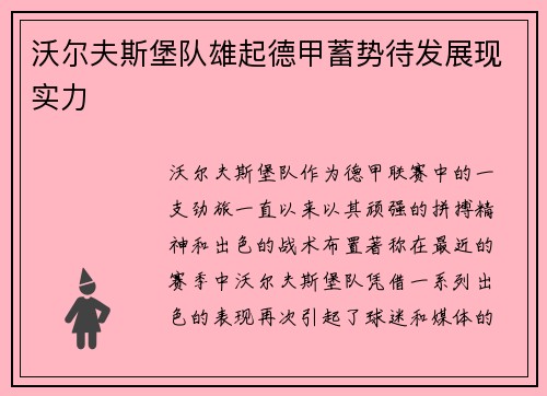 沃尔夫斯堡队雄起德甲蓄势待发展现实力